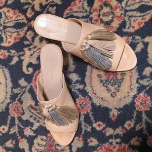Loeffler Randall nude leather heeled sandals with metallic tassels